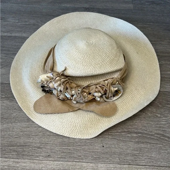 VTG Mermaidcore Straw Beach Sun Hat Shell Trim Boho Coastal Festival S/M - Picture 6 of 16
